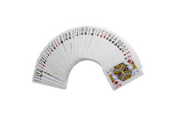 A complete deck of playing cards fanned out in a wide arc, revealing various suits and numbers on a solid transparent background. background removed