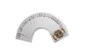 A complete deck of playing cards fanned out in a wide arc, revealing various suits and numbers on a solid transparent background. background removed