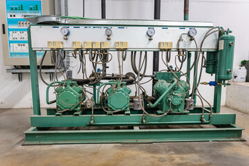 Compressor machine room for large warehouse refrigeration facility for food preservation