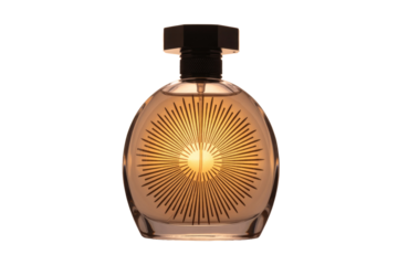 Elegant perfume bottle with a golden sunburst design, amber liquid, and a dark cap, set against a transparent background. background removed