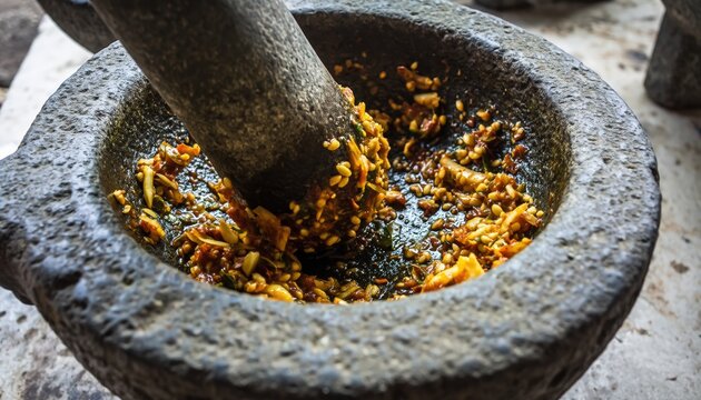 Traditional stone mortar and pestle grinding spices - Powered by Adobe