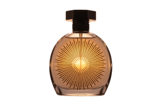Elegant perfume bottle with a golden sunburst design, amber liquid, and a dark cap, set against a transparent background. background removed