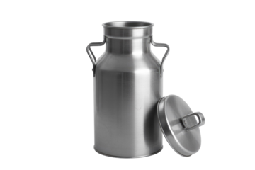 A shiny silver metallic milk can stands upright with its matching lid leaning beside it, on a clean, isolated background. background removed