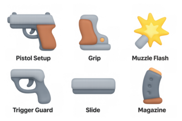 Cartoon pistol icons set for educational and design purposes