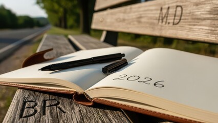 Open Journal on Park Bench with Pen and 2026 &mdash; New Beginnings and Planning Concept