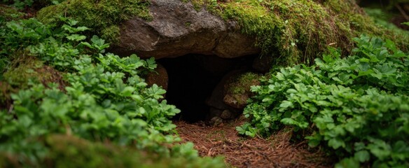 Fototapeta premium The entrance of a fox den nestled in wild plants and natural foliage.