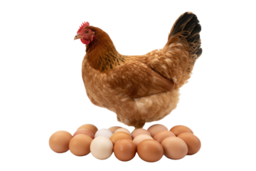 A brown hen stands proudly on a plentiful bed of freshly laid brown and white eggs, isolated on a vibrant transparent background. background removed