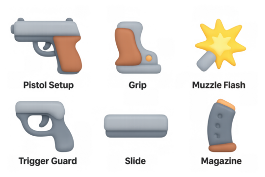 Cartoon pistol icons set for educational and design purposes
