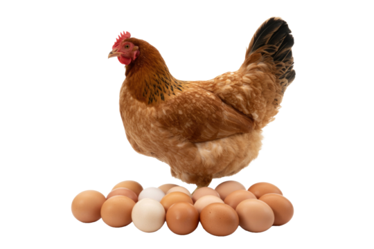 A brown hen stands proudly on a plentiful bed of freshly laid brown and white eggs, isolated on a vibrant transparent background. background removed