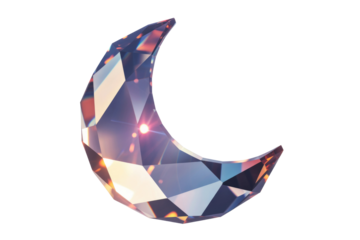 A beautiful crescent moon shape crafted from faceted crystal, sparkling with bright light reflections and refractions against a solid background. background removed