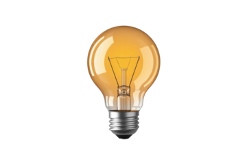 A classic unlit amber incandescent light bulb with visible filament and silver screw base, standing centered on a solid transparent background. background removed