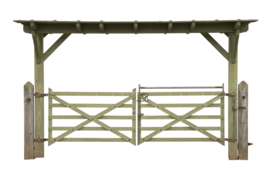 A rustic wooden double gate with an overhead archway, painted in a light green, featuring cross-bracing and metal hardware, isolated. background removed