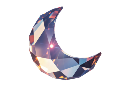 A beautiful crescent moon shape crafted from faceted crystal, sparkling with bright light reflections and refractions against a solid background. background removed