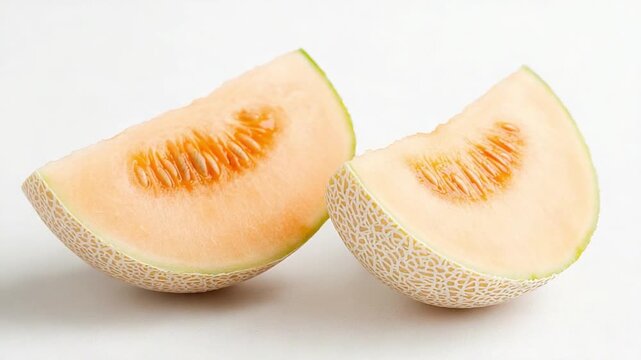 Cantaloupe Slices: Two refreshing slices of cantaloupe, showcasing their vibrant orange flesh and intricate seed pattern, sit invitingly against a clean background, promising sweet and juicy flavor.