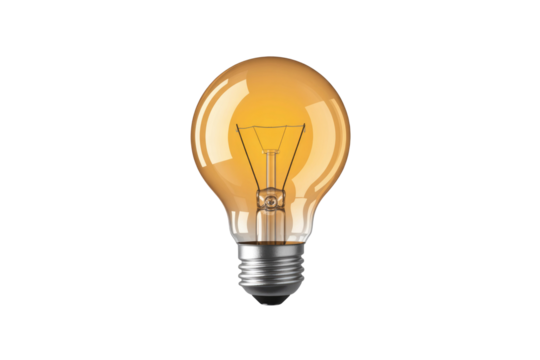 A classic unlit amber incandescent light bulb with visible filament and silver screw base, standing centered on a solid transparent background. background removed