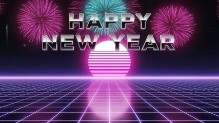 Retro Neon Grid Happy New Year Fireworks Celebration Digital Art Background video - Powered by Adobe