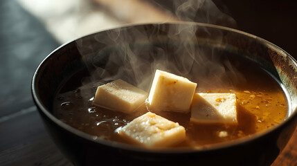 Steaming miso soup with tofu, comfort food bowl