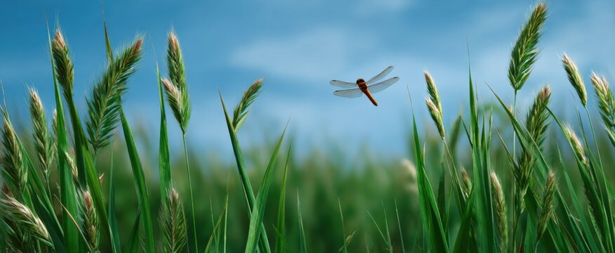 The insect hovers gracefully above vibrant tall grass in a bright sunny meadow