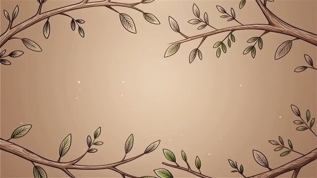 Calm organic frame of hand drawn branches on a warm background, tiny leaves swaying softly while particles float upward, leaving clean central space for wellness or eco branding.