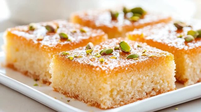 Basbousa Delight: A close-up shot showcases four golden squares of basbousa, adorned with a delicate dusting of sugar and vibrant green pistachio, perfect treat.