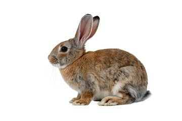 Fototapeta premium A cute brown and grey rabbit with long ears and prominent whiskers sits facing left, isolated on a solid transparent background. background removed