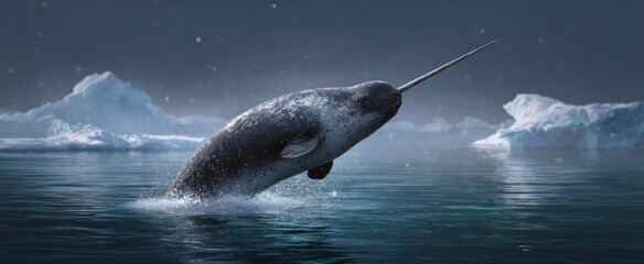 The narwhal powerfully breaches icy pristine arctic waters with graceful strength