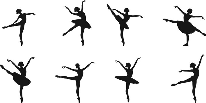 Ballet dancer silhouette set, tutu pose arabesque pirouette icons, graceful motion vector bundle, graphic dance design pack