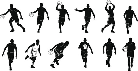 Basketball player silhouette set, dribble jump shoot poses, athletic motion icons, sport vector bundle, graphic action design pack
