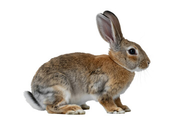 A cute brown and white rabbit sits, facing right, against a solid transparent background. Its fur is detailed, captured clearly. background removed