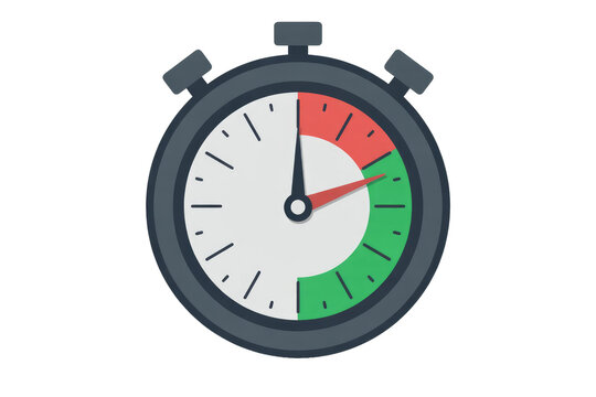 A flat design stopwatch with red and green sections indicating time elapsed and remaining, perfect for tracking progress or deadlines. background removed