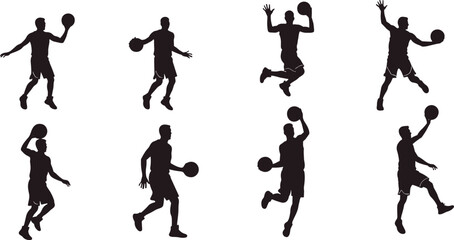 Naklejka premium Basketball player silhouette set, dribble shoot dunk poses, athletic motion icons, sport vector bundle, graphic action design pack