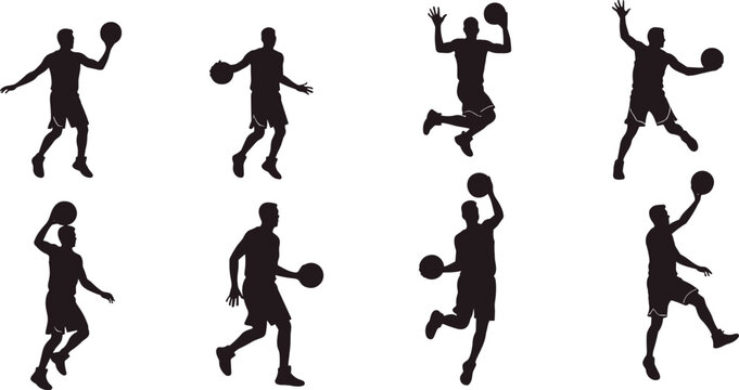 Basketball player silhouette set, dribble shoot dunk poses, athletic motion icons, sport vector bundle, graphic action design pack
