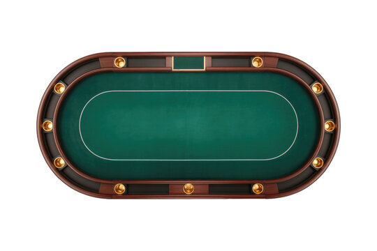 Overhead view of an empty green felt poker table with a wooden rail, gold cup holders, and chip trays, isolated. background removed