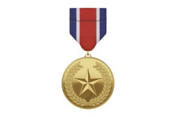 Golden medal with central star and laurel wreath, suspended from a patriotic red, white, and blue striped ribbon, symbolizing achievement. background removed