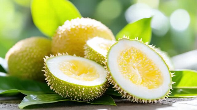 Gac Fruit: A close-up showcases vibrant gac fruits, sliced to reveal their distinctive orange flesh and surrounded by fresh green leaves. An image of health and natural goodness.