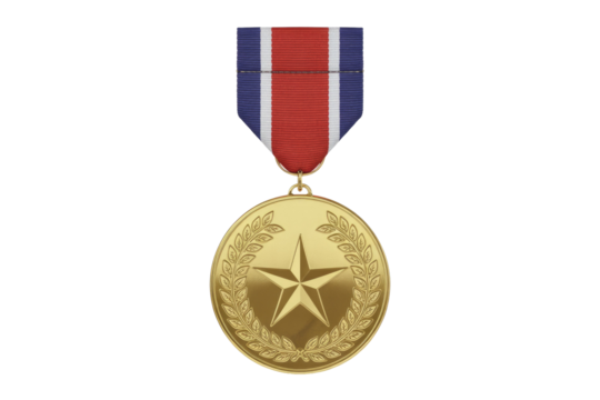 Golden medal with central star and laurel wreath, suspended from a patriotic red, white, and blue striped ribbon, symbolizing achievement. background removed - Powered by Adobe