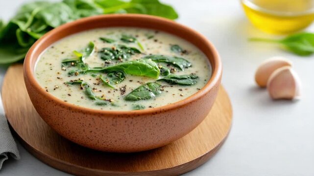 Creamy spinach soup: A hearty bowl of creamy spinach soup, seasoned to perfection, rests on a wooden board alongside fresh garlic and olive oil.