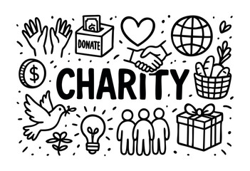 Naklejka premium Charity doodle illustration — donation box, helping hands, and other support symbols — stock vector.