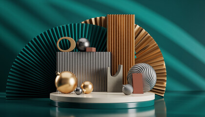 Geometric shapes and metallic ornaments create a modern, elegant display for product promotion or artistic presentation, with a sophisticated and luxurious vibe