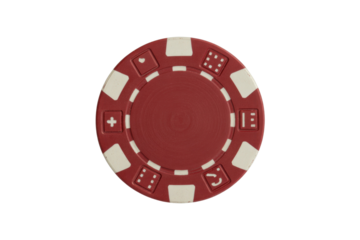 A detailed close-up of a red poker chip with unique white symbol markings, including dice faces and other icons, against a solid transparent background. background removed