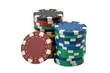 Two main stacks of multi-colored poker chips and a single red chip are prominently displayed on a solid transparent background. background removed