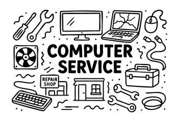 Computer service doodle illustration — repair shop, tools, and IT support elements — stock vector.