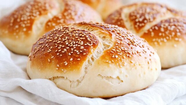 Golden Sesame Bread: A delectable shot of freshly baked bread rolls, adorned with toasted sesame seeds and boasting a golden-brown crust.
