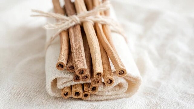 Aromatic Spice Bundle: A rustic bundle of cinnamon sticks, tied elegantly with natural twine, rests gracefully upon a folded, textured cloth, offering a sensory experience.