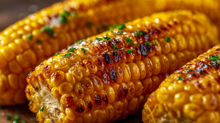 Grilled corn on the cob with charred kernels garnished with fresh chopped herbs, showcasing appetizing golden yellow roasted texture and smoky flavor