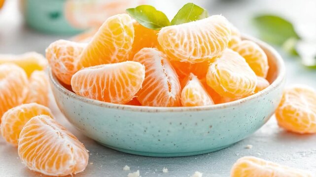 Tangerine segments in bowl: A vibrant display of juicy tangerine segments, arranged in a pastel-colored bowl.