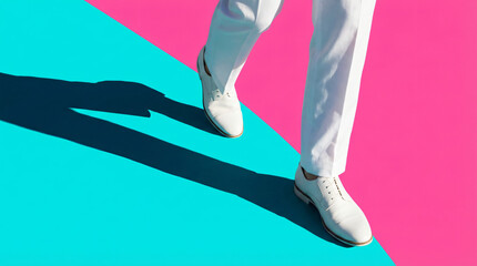Stylish person wearing white trousers and dress shoes walking on a vibrant pink and turquoise color block background with sharp shadows.