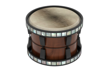 A vibrant, ornate hand drum featuring a rich brown wooden body, a light drumhead, and decorative mother-of-pearl style inlay on black hoops. background removed