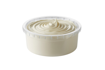 A clear plastic tub filled with creamy, light-colored whipped topping or spread, featuring a decorative swirl on top. background removed