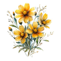 Coreopsis Flower, clipart vector in watercolor style with flowing brushwork, isolated on a white background.
